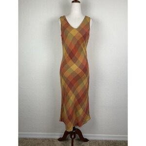 Vtg Expressions S Midi Tank Dress Plaid Orange Linen Blend Cottage Preppy 90s